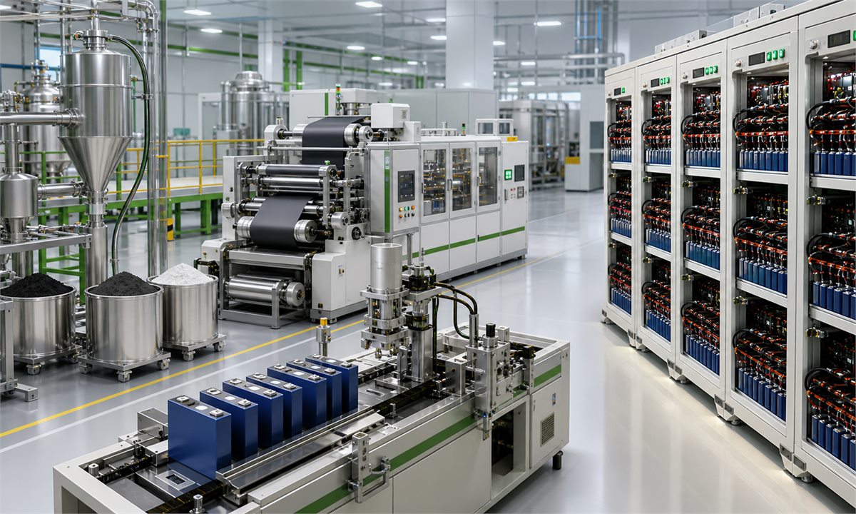 Computer graphics visual of lithium battery material handling, cell assembly and formation testing
