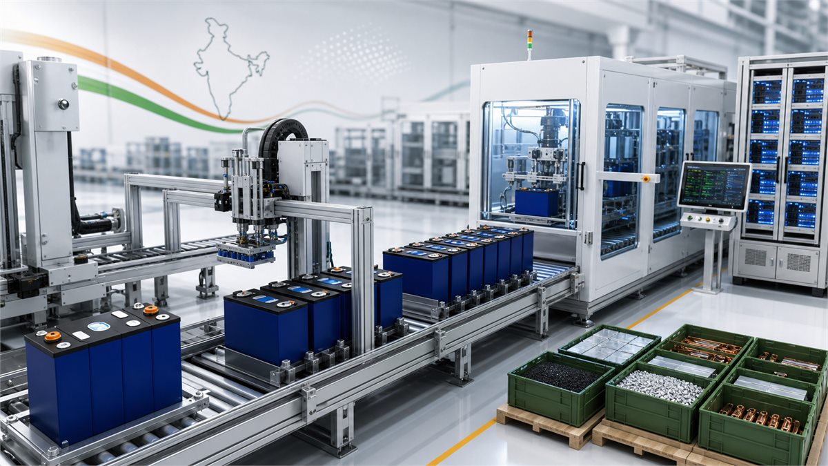 Computer graphics visual of India-focused lithium battery manufacturing localization